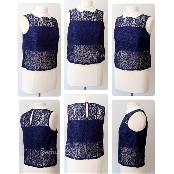Blue Violet Peter Pan Collar Sheer Lace CUTE Top - Picture 7 of 8
